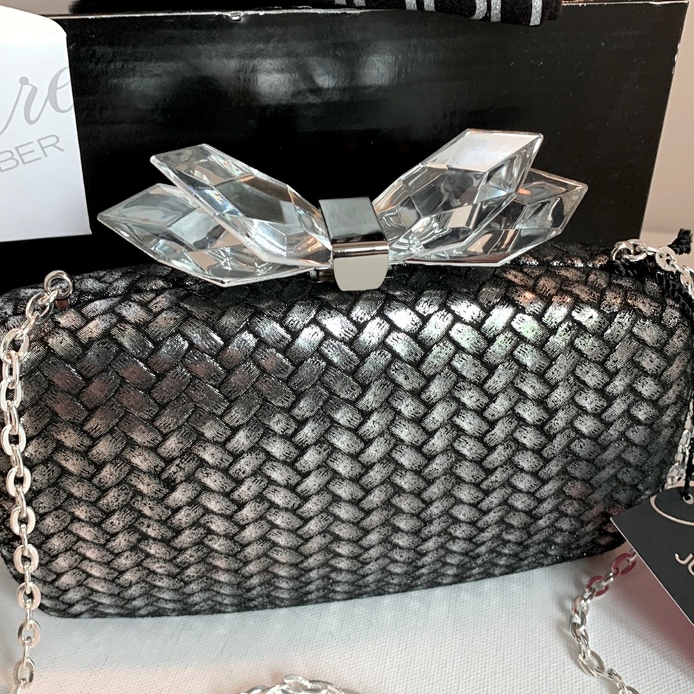 Judith Leiber Overture Hard Shell Woven Silver Black Leather Lucite Bow Clutch